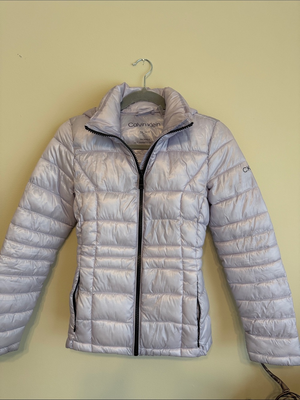 Calvin Klein Light Purple Metallic Hooded Quilted Puffer Jacket | Women’s Size S